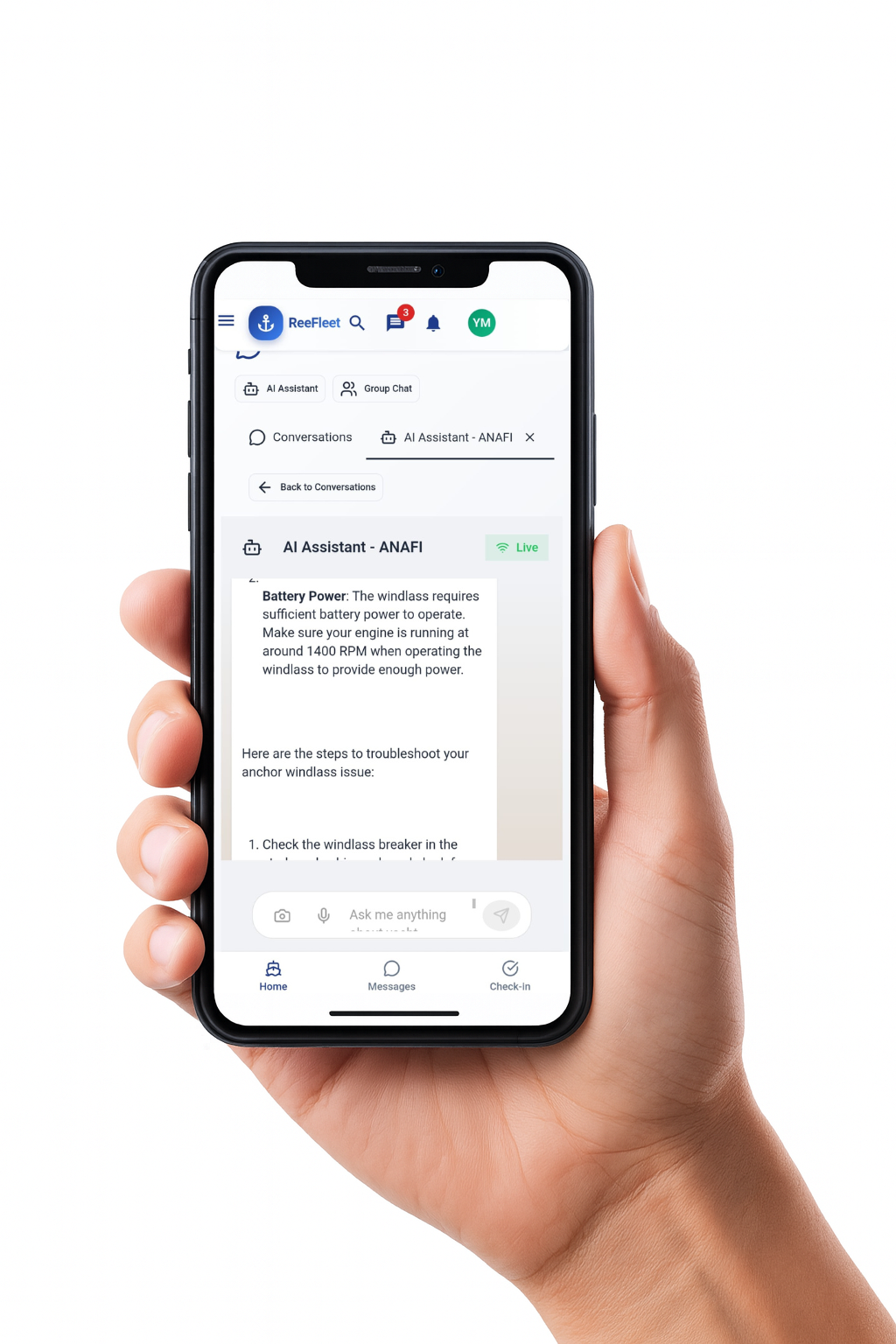 Hand holding phone with ReeFleet app